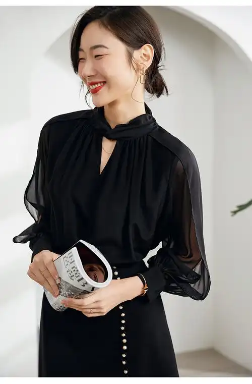 精致法式 春季重磅新款 黑色真丝衬衫女2022时尚洋气显瘦长袖上衣