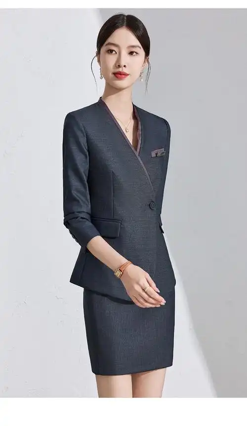 高端职业女装灰色西服套装女秋冬季新款简约干练气质v领西装修身 - 17
