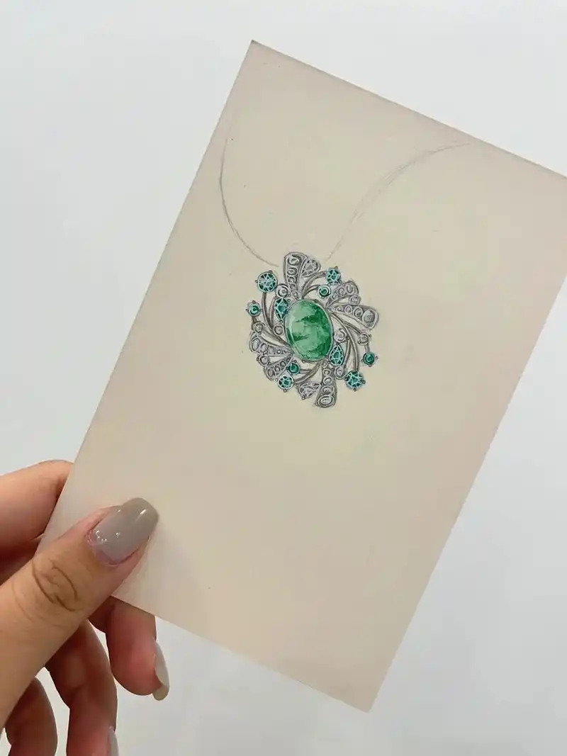 珠宝设计92水彩手绘|夏日烟花翡翠吊坠|||画点绿色系给夏天 - 抖音