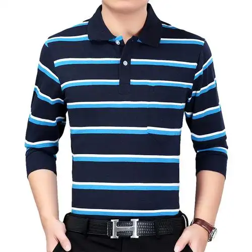 春秋新款爸爸休闲t恤男士长袖条纹翻领男装polo衫中老年t恤上衣