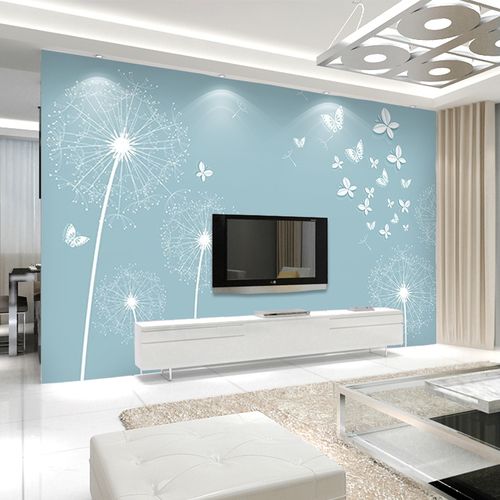 电视背景蓝色现代简约蒲公英墙布壁布北欧客厅影视墙壁纸装饰壁画