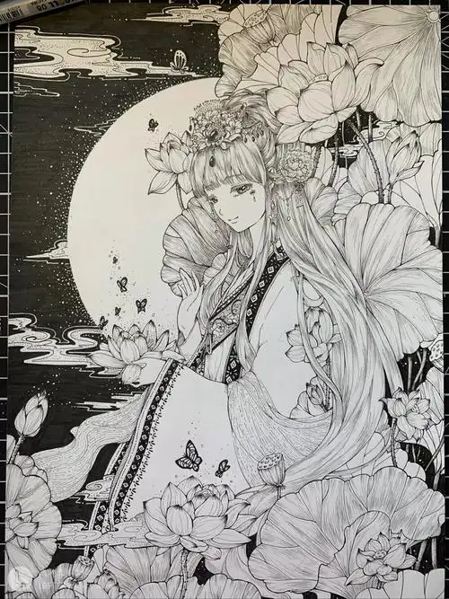 黑白插画 古风 针管笔 手绘月下荷美人作者:欧洲大米