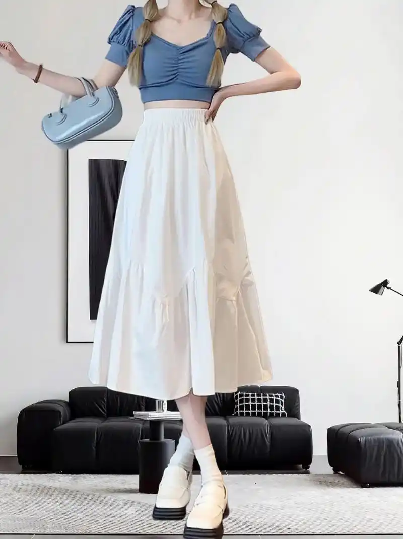 春夏新款白色半身裙.白色半身裙女春夏2024新款松紧高腰显瘦 - 抖音