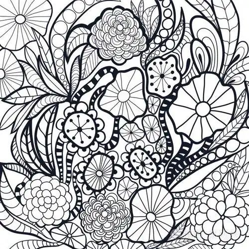 黑白涂鸦花进行着色.抗压力页面.手画花纹,装饰花