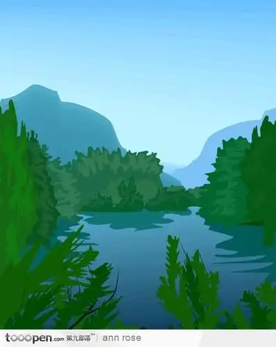 树林间的湖泊插画素材