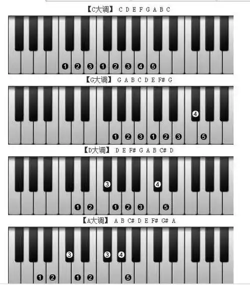 电子琴大调音阶指法示例3,本文中所列音阶均为大调音阶,每个大调的