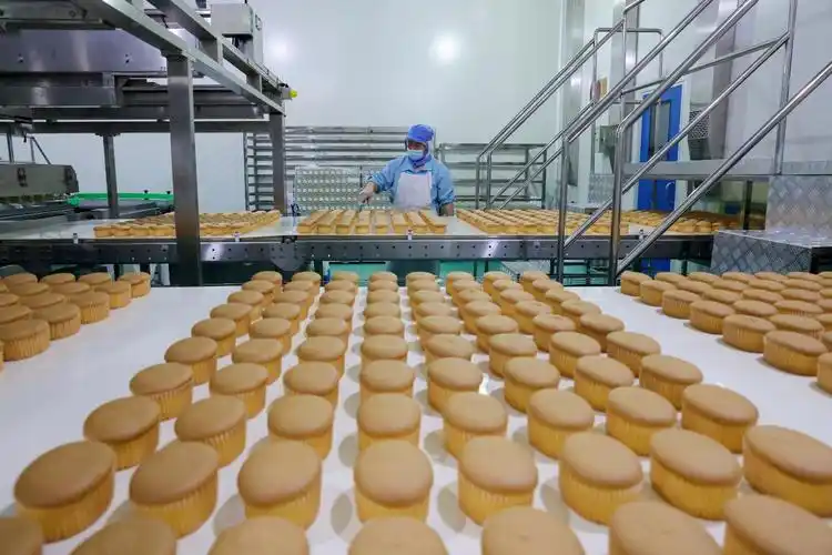 首页>财媒聚焦>正文>图为在河北马大姐食品有限公司烘焙车间,工人正在