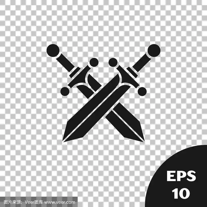 黑色交叉中世纪剑图标孤立在透明的背景.矢量图