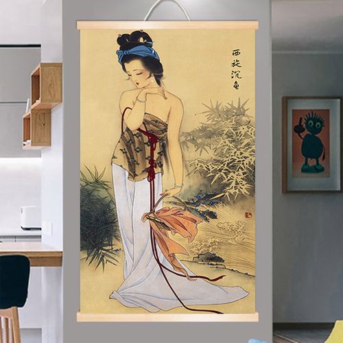 国画古代四大美女西施画像中式客厅办公室卷轴挂画玄关走廊装饰画