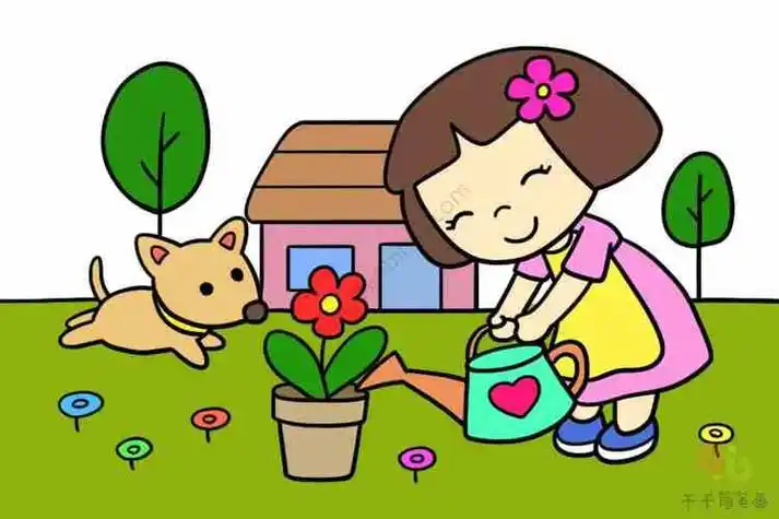 小孩给植物浇水简笔画