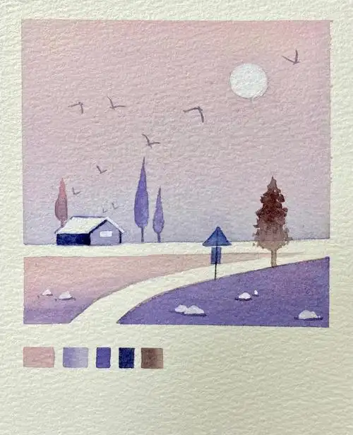 水彩平头笔和圆头笔主要用色:淡粉,浅紫,紫罗兰,普蓝,褐色步骤:① 画