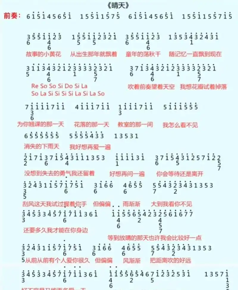 《晴天》光遇乐谱(谱子dy一航哟)