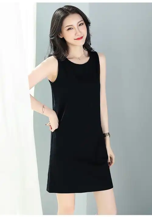 卓煊琪捡漏黑色吊带背心裙女2022夏季大码无袖打底连衣裙子中长款内搭