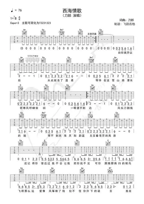 刀郎西海情歌吉他谱