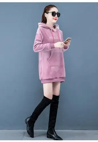 漫格淇中长款金丝绒卫衣女2019冬季新款韩版宽松连帽加绒加厚双面绒