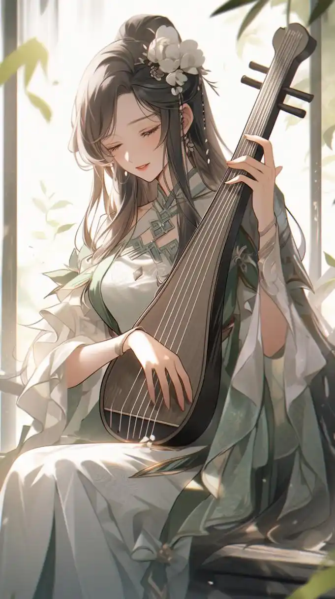 二次元# #古风# #二次元美女# #古风美女# 蓝衣佳人古琵琶,音韵悠扬