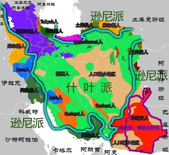 伊朗的民族,宗教分布,其中什叶派,逊尼派的势力范围为粗略边界,仅供