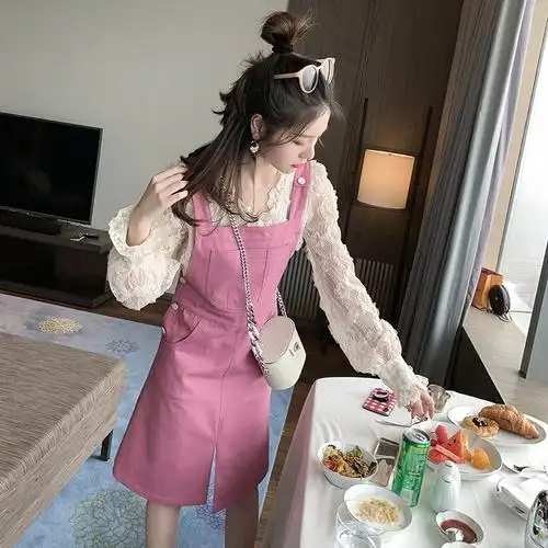 梦梦家少女甜美减龄粉色牛仔背带裙2020春装俏皮可爱学生吊带裙