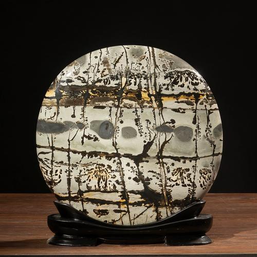 广西国画石天然奇石观赏石草花石正圆饼摆件客厅电视柜工艺品tz08