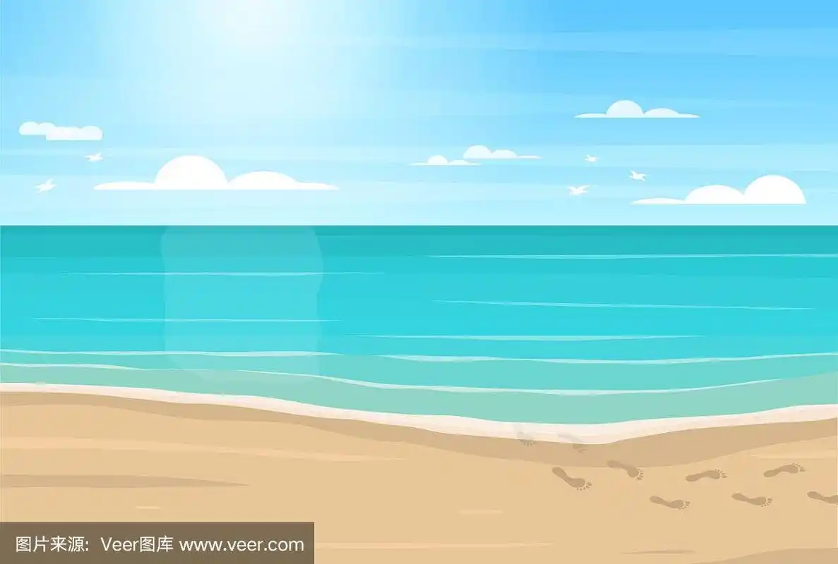 卡通的沙滩,大海和蓝天