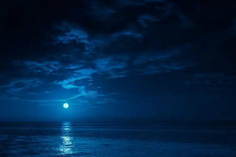 深蓝色的月光下海面美丽景色美丽午夜海景与月亮和平静的波浪