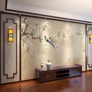 新中式手绘刺绣玉兰花鸟电视背景墙壁纸影视墙纸壁画客厅沙发墙布