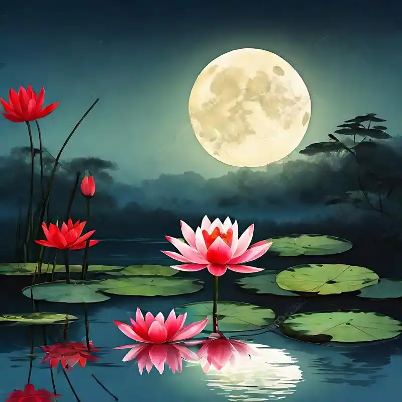 荷叶承接着天空的倒影,与月亮相互辉映,仿佛是天地间的神秘对话.