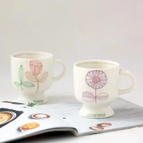 一折奶茶杯陶瓷 简约_宅物北欧简约风陶瓷植物花卉图案高脚马克杯咖啡
