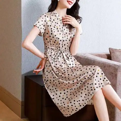 杭州重磅真丝高档连衣裙长款过膝修身显瘦波点桑蚕丝裙子特价清仓