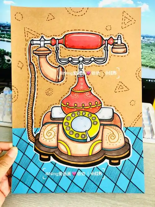创意美术ppt课件儿童画复古电话机写生