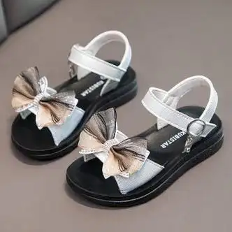 361女童凉鞋新款夏季儿童软底时尚韩版女孩蝴蝶结公主水钻罗马鞋黑色