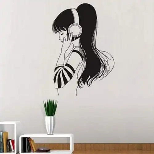 长发女孩头戴耳机听音乐图案 卧室装饰创意精雕墙贴-阿里巴巴