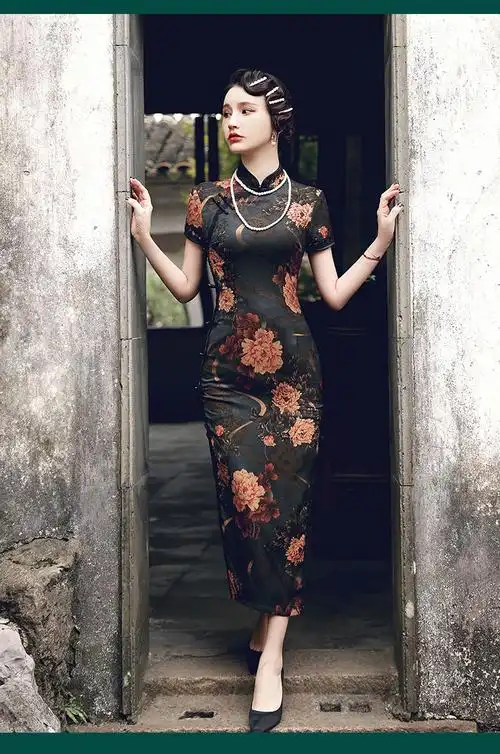 瑞品韩女军阀太太旗袍轻款复古民国风老上海黑色长款高端性感女 红色