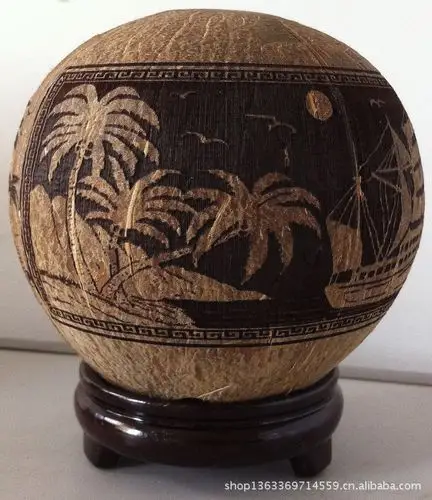 海南特色椰壳椰雕工艺画一帆风顺图天然环保办公居家摆件品