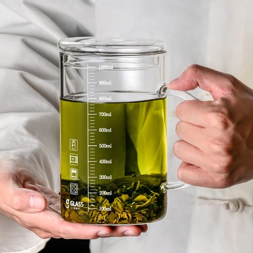1000ml大容量玻璃杯茶杯刻度水杯男办公室带盖带把手喝茶喝水杯子