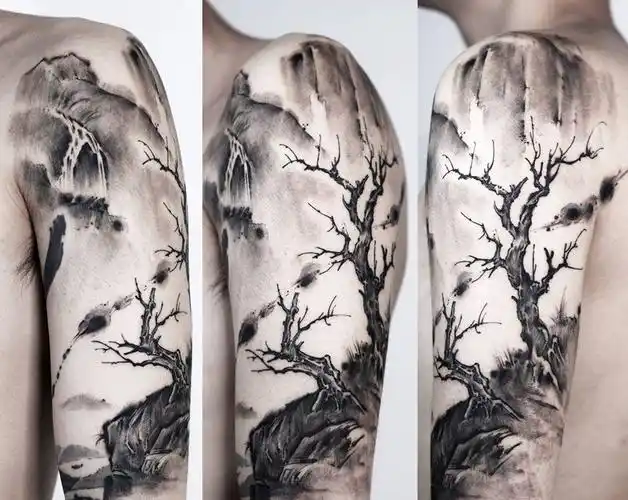 山水纹身图片_手部手臂水墨老传统山水树中国风纹身图案(4)_浙江省