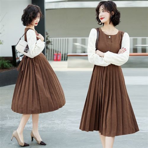 连衣裙高腰套头淑女a字裙长袖中长款圆领2021春季百褶