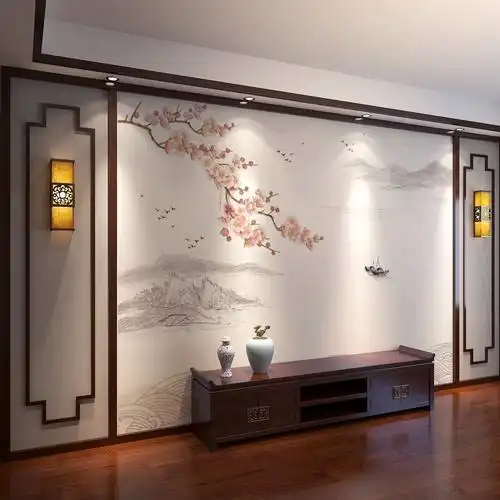 新中式电视背景墙壁纸8d花鸟现代壁布3d立体2022墙纸影视墙布壁画01