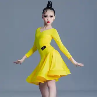 奔凯迪儿童拉丁舞服女童蹈少儿练功孩分体裙演出装练功服黄色长袖m