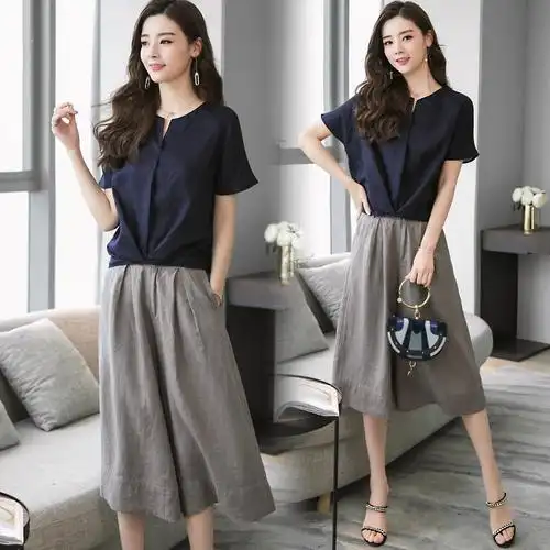 女士夏款新品棉麻套装女士韩版休闲时尚宽松舒适阔腿裤亚麻两