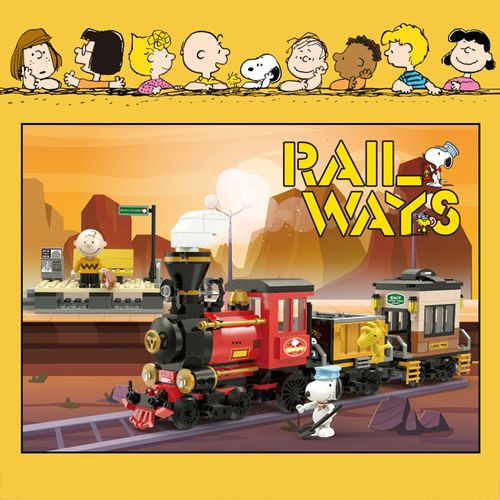 史努比小火车头站台积木玩具卡通狗环游世界站台拼装益智模型摆件