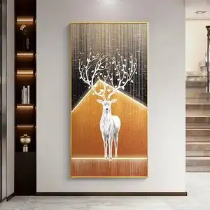 寓意玄关装饰画招财鹿麋鹿抽象创意壁画轻奢高端进门生财正对门画