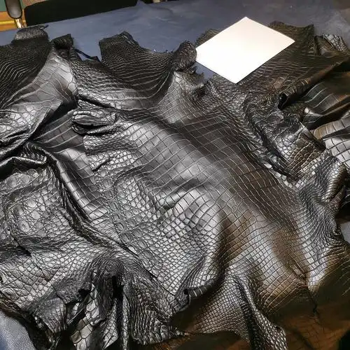 aresgator混种暹罗鳄鱼皮服装革真皮水染哑光雾面黑色真鳄鱼皮料
