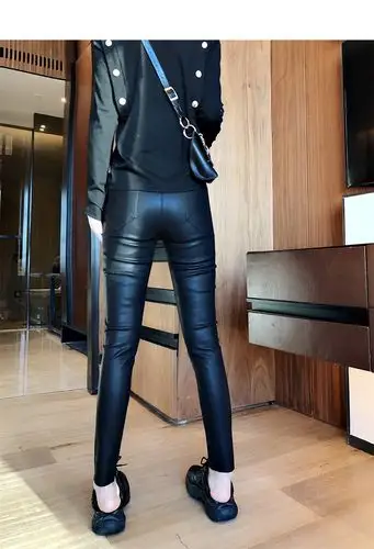 suntek雾面高腰紧身显瘦小脚皮裤女秋冬新款松紧腰九分pu亚光打底裤外