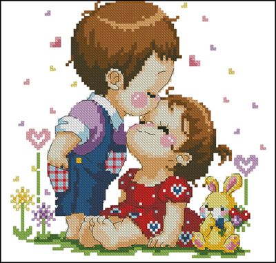 dmc绣线小小鱼a2287 亲吻可爱情侣精准印花布十字绣卡通套件