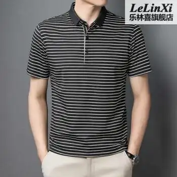 商场同款梦特娇牌男士潮男人帮休闲短袖条纹薄款休闲宽松中青男装白色