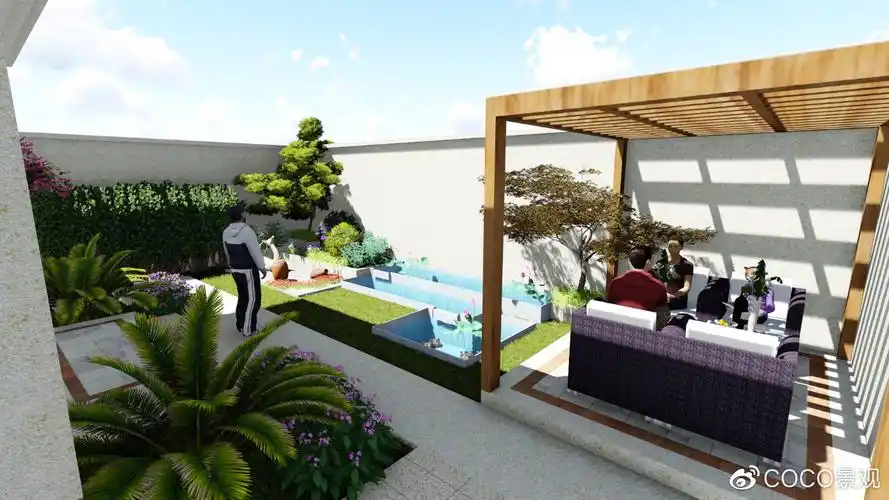 可可景观案例图片小型庭院的围墙面积和体量都不是很大,在设计围墙或