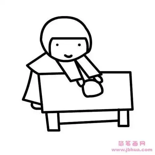 小女孩坐再桌子边的简笔画