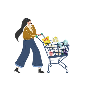 超市手推车女人购物卡通清新手绘风