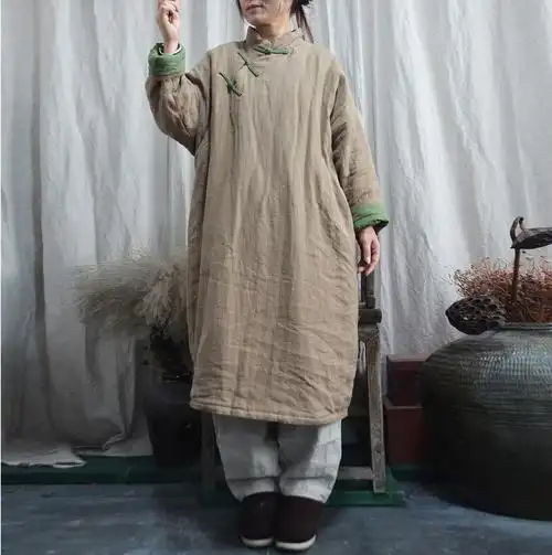 原创棉麻女装复古手工盘扣立领斜襟苎麻袍子早春宽松大码中长棉衣